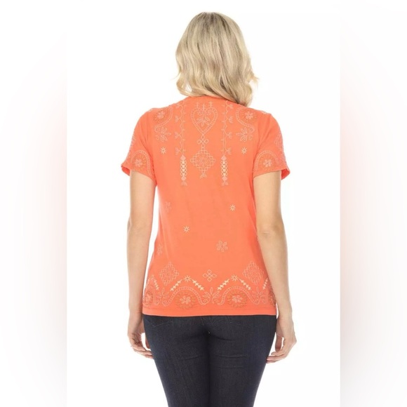 Johnny Was JWLA Faye Crew Neck Tee Size Small in Living Coral Boho Chic - Picture 3 of 12